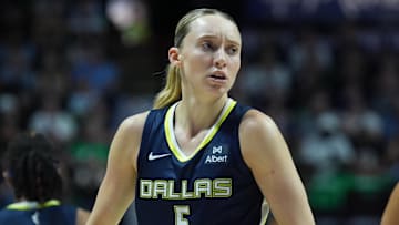 Jun 20, 2025; Uncasville, Connecticut, USA; Dallas Wings guard Paige Bueckers (5) reacts after a play against the Connecticut Sun in the second half at Mohegan Sun Arena. Mandatory Credit: David Butler II-Imagn Images