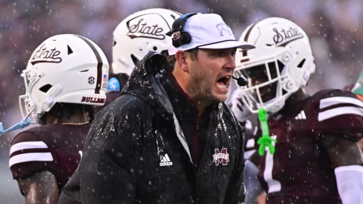 Mississippi State Bulldogs head coach Jeff Lebby reacts during the first quarter of the game against the Eastern Kentucky Colonels at Davis Wade Stadium at Scott Field. 