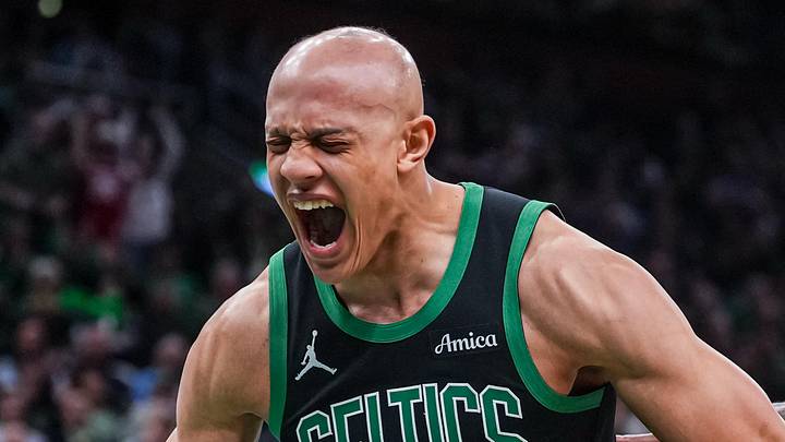 Apr 28, 2026; Boston, Massachusetts, USA; Boston Celtics guard Jordan Walsh (27) reacts after his basket against the Philadelphia 76ers in the second half during game five of the first round of the 2026 NBA Playoffs at TD Garden. Mandatory Credit: David Butler II-Imagn Images