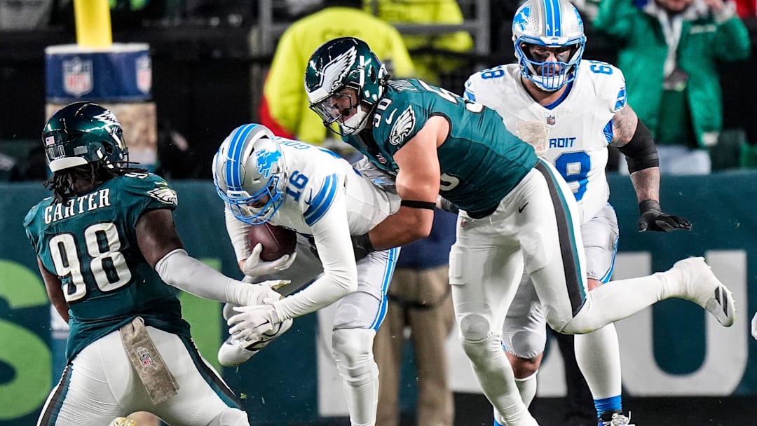 Detroit Lions quarterback Jared Goff is sacked by Philadelphia Eagles linebacker Jaelan Phillips (50) during the first half at Lincoln Financial Field in Philadelphia on Sunday, November 16, 2025.
