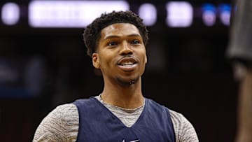 Mar 26, 2025; Newark, NJ, USA; Arizona Wildcats guard Caleb Love (1) warms up during a practice session in preparation for an East Regional semifinal game against the Duke Blue Devils at Prudential Center. Mandatory Credit: Vincent Carchietta-Imagn Images