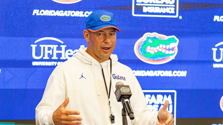 Florida head coach Jon Sumrall speaks after spring practice at Sanders Practice Fields in Gainesville, FL on Tuesday, April 7, 2026. [Alan Youngblood/Gainesville Sun]