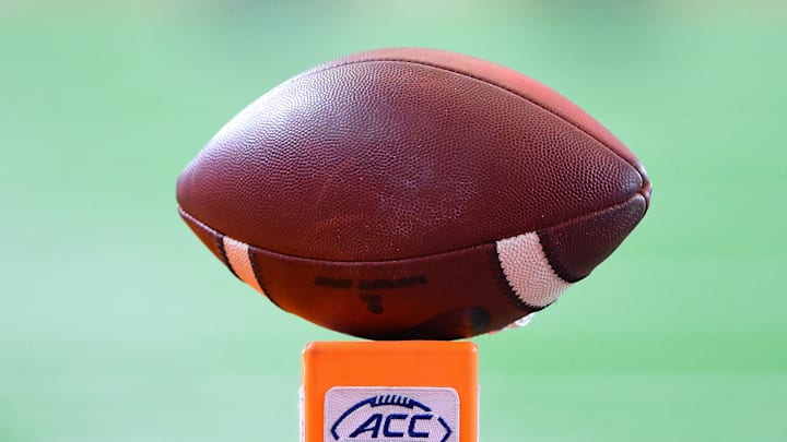 Oct 10, 2020; Syracuse, New York, USA; General view of a football on top of an end zone marker with the Atlantic Coast Conference logo displayed prior to the game against the Duke Blue Devils and the Syracuse Orange at the Carrier Dome. Mandatory Credit: Rich Barnes-Imagn Images