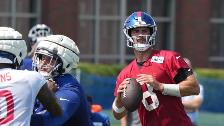 East Rutherford, NJ -- August 1, 2024 -- Quarterback Daniel Jones during practice today at training camp for the New York Giants.