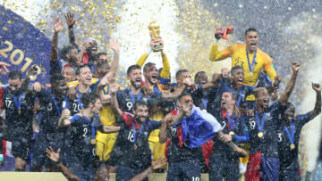 France celebrates the 2018 World Cup title, against Croatia.