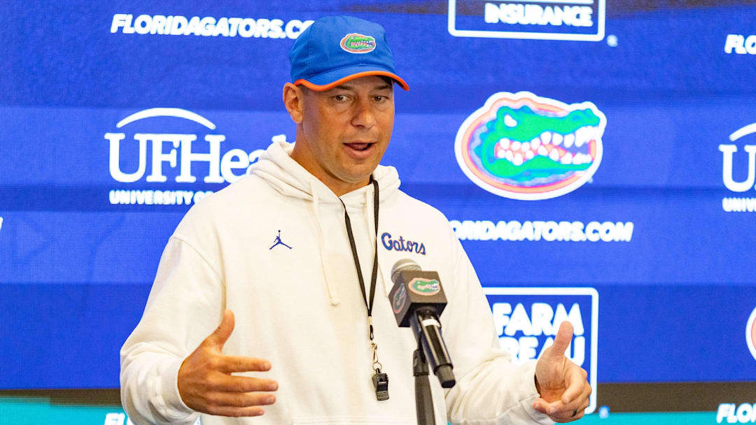 Florida head coach Jon Sumrall speaks after spring practice at Sanders Practice Fields in Gainesville, FL on Tuesday, April 7, 2026. [Alan Youngblood/Gainesville Sun]