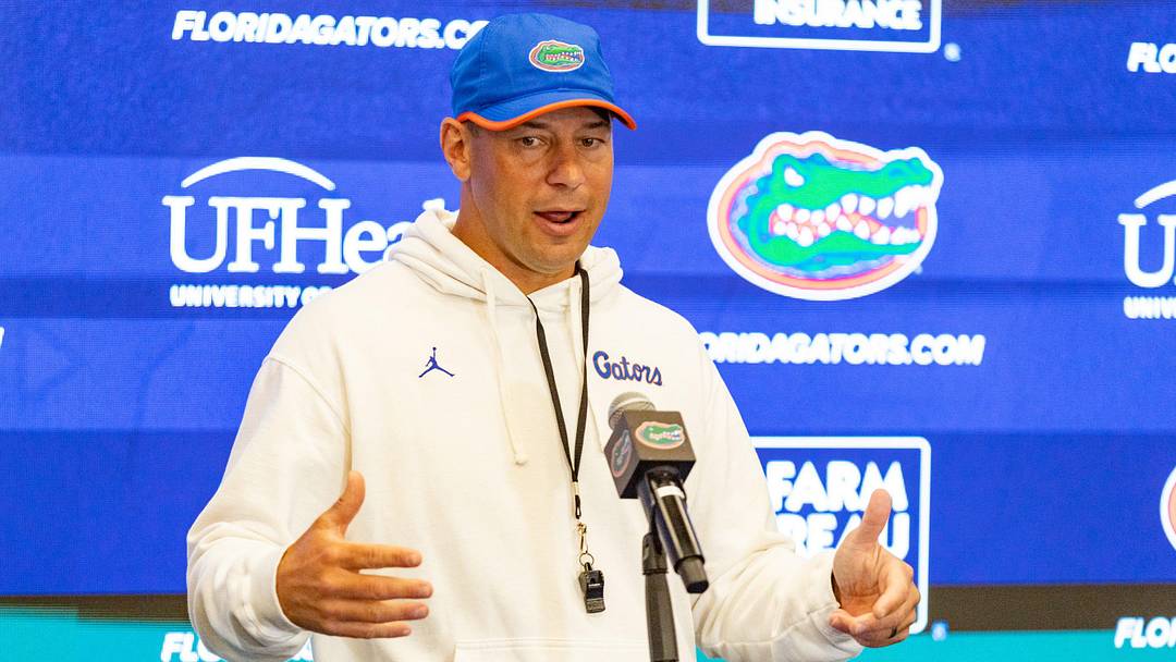 Florida head coach Jon Sumrall speaks after spring practice at Sanders Practice Fields in Gainesville, FL on Tuesday, April 7, 2026. [Alan Youngblood/Gainesville Sun]