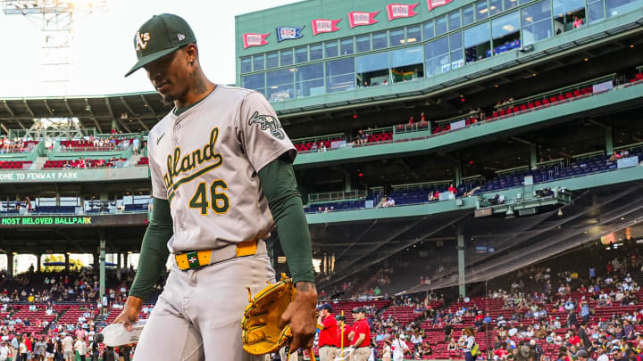 Jul 11, 2024; Boston, Massachusetts, USA; Oakland Athletics starting pitcher Luis Medina (46) heads to the bullpen before the start of the game against the Boston Red Sox at Fenway Park. Mandatory Credit: David Butler II-USA TODAY Sports