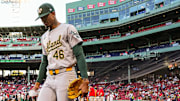 Jul 11, 2024; Boston, Massachusetts, USA; Oakland Athletics starting pitcher Luis Medina (46) heads to the bullpen before the start of the game against the Boston Red Sox at Fenway Park. Mandatory Credit: David Butler II-Imagn Images