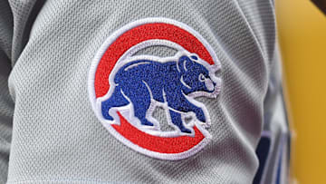 Jun 10, 2025; Philadelphia, Pennsylvania, USA; Chicago Cubs logo on the jersey of third base Matt Shaw (6) against the Philadelphia Phillies at Citizens Bank Park. Mandatory Credit: Eric Hartline-Imagn Images