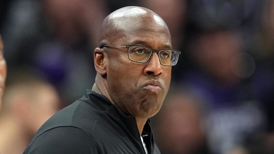 Nov 24, 2024; Sacramento, California, USA; Sacramento Kings head coach Mike Brown reacts after receiving a technical foul during the second quarter against the Brooklyn Nets at Golden 1 Center. Mandatory Credit: Darren Yamashita-Imagn Images