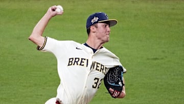 Jul 15, 2025; Cumberland, Georgia, USA; National League pitcher Jacob
Misiorowski of the Milwaukee Brewers pitches  during the eighth inning during the 2025 MLB All Star Game at Truist Park. Mandatory Credit: Dale Zanine-Imagn Images