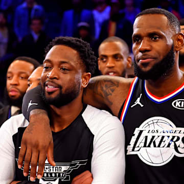 Feb 17, 2019; Charlotte, NC, USA; Team Lebron forward Lebron James of the Los Angeles Lakers (23) and Team Lebron guard Dwayne Wade of the Miami Heat (3) after the 2019 NBA All-Star Game at Spectrum Center. Mandatory Credit: Bob Donnan-Imagn Images