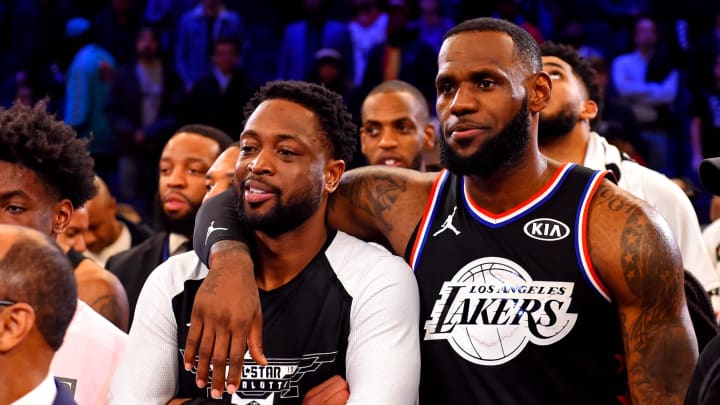 Feb 17, 2019; Charlotte, NC, USA; Team Lebron forward Lebron James of the Los Angeles Lakers (23) and Team Lebron guard Dwayne Wade of the Miami Heat (3) after the 2019 NBA All-Star Game at Spectrum Center. Mandatory Credit: Bob Donnan-USA TODAY Sports