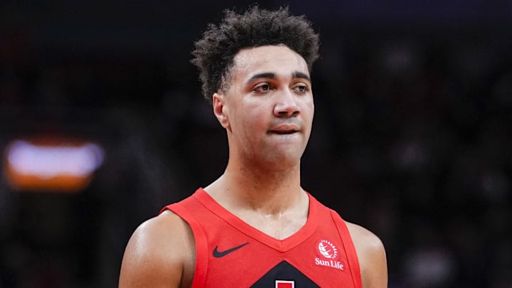 Feb 8, 2026; Toronto, Ontario, CAN;  Toronto Raptors forward Trayce Jackson-Davis (32) looks on against the Indiana Pacers during the second half at Scotiabank Arena. Mandatory Credit: Kevin Sousa-Imagn Images