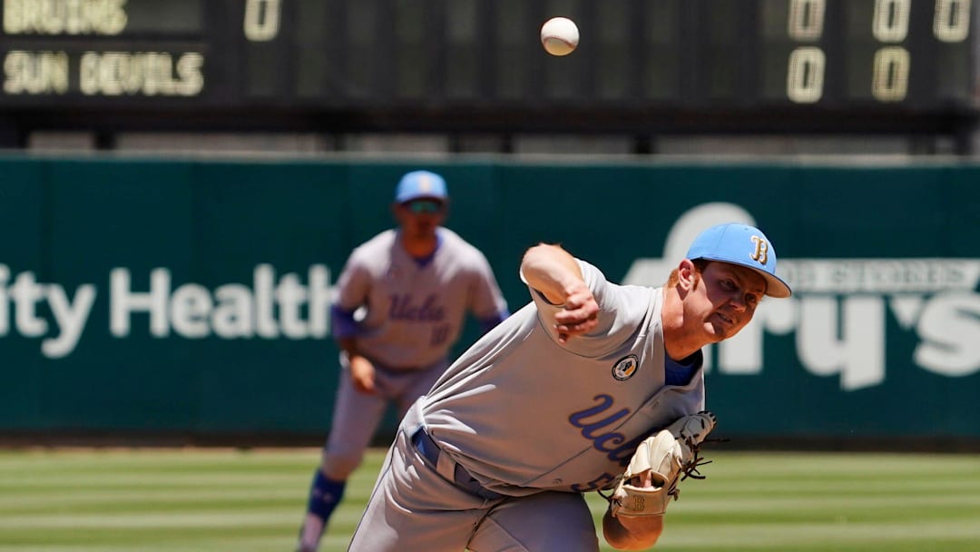 May 29, 2021; Phoenix, Arizona, USA; UCLA starting pitcher Jesse Bergin (55) throws to Arizona St. in the first inning at Phoenix Municipal Stadium. Mandatory Credit: Rob Schumacher-Arizona Republic

Ncaa Baseball Ucla At Arizona State