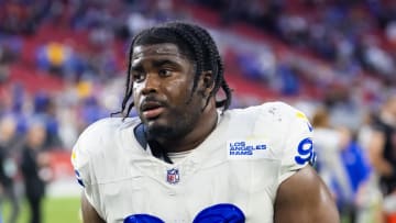 Nov 26, 2023; Glendale, Arizona, USA; Los Angeles Rams linebacker Keir Thomas (96) against the Arizona Cardinals at State Farm Stadium. Mandatory Credit: Mark J. Rebilas-USA TODAY Sports