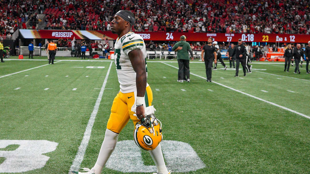 Sep 17, 2023; Atlanta, Georgia, USA; Green Bay Packers running back Patrick Taylor (27) walks off the field after a loss against the Atlanta Falcons at Mercedes-Benz Stadium. Mandatory Credit: Brett Davis-Imagn Images