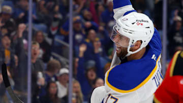 Oct 15, 2025; Buffalo, New York, USA;  Buffalo Sabres left wing Jason Zucker (17) celebrates his second goal of the game during the second period against the Ottawa Senators at KeyBank Center. Mandatory Credit: Timothy T. Ludwig-Imagn Images