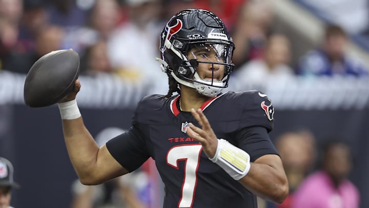 Aug 17, 2024; Houston, Texas, USA; Houston Texans quarterback C.J. Stroud (7) in action during the game against the New York Giants at NRG Stadium. Mandatory Credit: Troy Taormina-Imagn Images