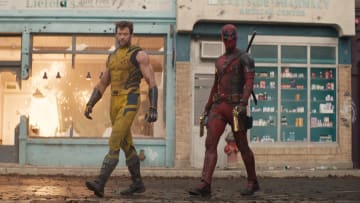 (L-R): Hugh Jackman as Wolverine/Logan and Ryan Reynolds as Deadpool/Wade Wilson in 20th Century Studios/Marvel Studios' DEADPOOL & WOLVERINE. Photo courtesy of 20th Century Studios/Marvel Studios. © 2024 20th Century Studios / © and ™ 2024 MARVEL.