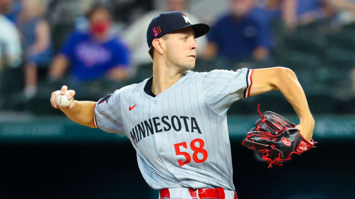 Minnesota Twins starting pitcher David Festa (58) throws during the first inning against the Texas Rangers at Globe Life Field in Arlington, Texas, on Aug. 17, 2024.