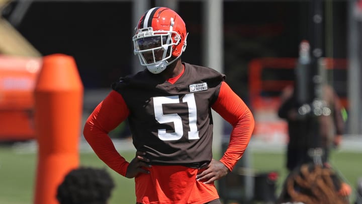 Browns defensive tackle Mike Hall Jr. (51) stands on the sideline during minicamp, Tuesday, June 11, 2024, in Berea.