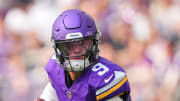 Aug 10, 2024; Minneapolis, Minnesota, USA; Minnesota Vikings quarterback J.J. McCarthy (9) scrambles against the Las Vegas Raiders in the second quarter at U.S. Bank Stadium. Mandatory Credit: Brad Rempel-USA TODAY Sports