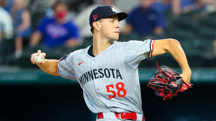 Aug 17, 2024; Arlington, Texas, USA;  Minnesota Twins starting pitcher David Festa (58) throws during the first inning against the Texas Rangers at Globe Life Field.