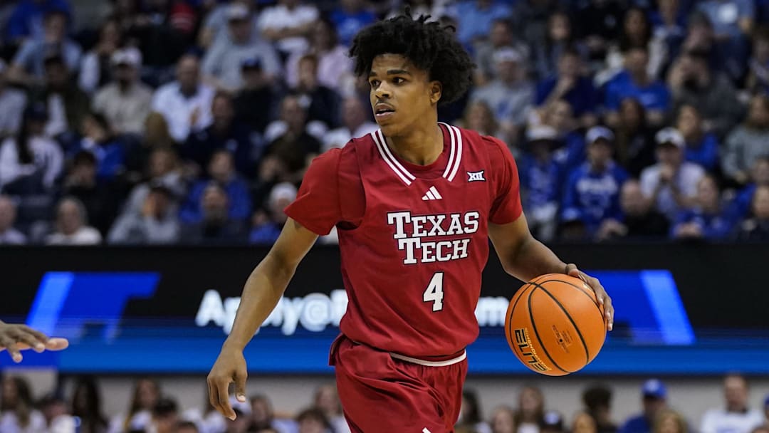 Mar 7, 2026; Provo, Utah, USA; Texas Tech Red Raiders guard Christian Anderson (4) dribbles the ball during the second half against the BYU Cougars at Marriott Center.