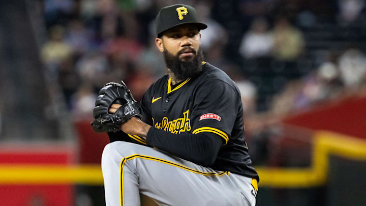 May 27, 2025; Phoenix, Arizona, USA; Pittsburgh Pirates pitcher Dennis Santana against the Arizona Diamondbacks at Chase Field. Mandatory Credit: Mark J. Rebilas-Imagn Images