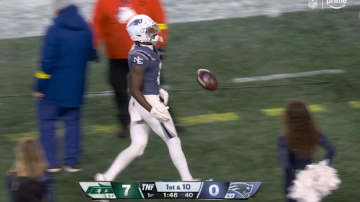 Stefon Diggs tossed a ball other a Patriots cheerleader during 'Thursday Night Football.' Stefon Diggs tossed a ball other a Patriots cheerleader during 'Thursday Night Football.'