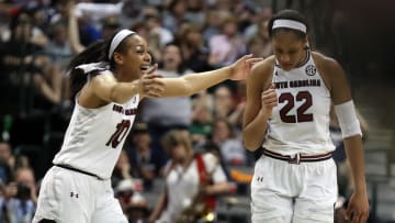 South Carolina basketball legends A'ja Wilson and Allisha Gray celebrating a win in the 2016-2017 Final Four