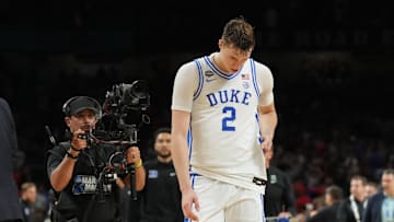 Apr 5, 2025; San Antonio, TX, USA;  Duke basketball forward Cooper Flagg (2) reacts after losing to the Houston Cougars in the semifinals of the men's Final Four of the 2025 NCAA Tournament at the Alamodome.