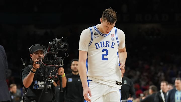 Apr 5, 2025; San Antonio, TX, USA;  Duke basketball forward Cooper Flagg (2) reacts after losing to the Houston Cougars in the semifinals of the men's Final Four of the 2025 NCAA Tournament at the Alamodome.