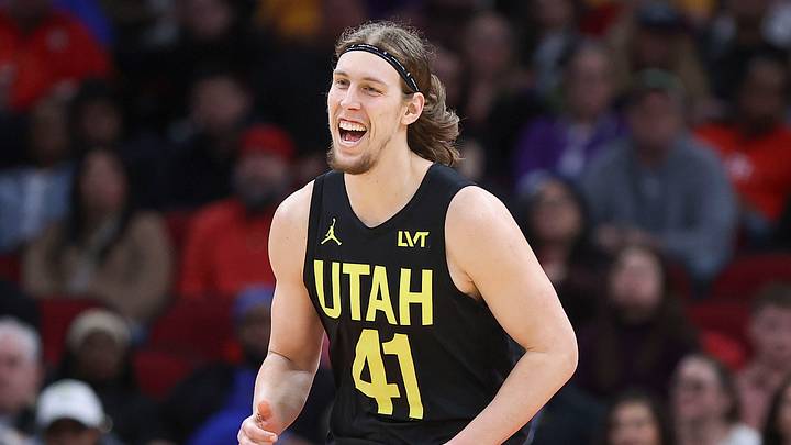 Jan 20, 2024; Houston, Texas, USA; Utah Jazz forward Kelly Olynyk (41) reacts after a play during the game against the Houston Rockets at Toyota Center. Mandatory Credit: Troy Taormina-USA TODAY Sports