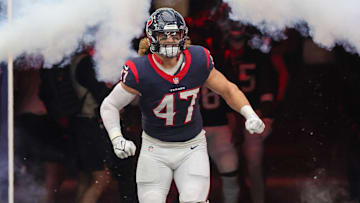 Dec 3, 2023; Houston, Texas, USA; Houston Texans fullback Andrew Beck (47) is introduced before playing against the Denver Broncos at NRG Stadium. Mandatory Credit: Thomas Shea-Imagn Images