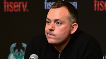 Jan 24, 2024; Milwaukee, Wisconsin, USA; Milwaukee Bucks general manager Jon Horst address the media after head coach Adrian Griffin (not pictured) was dismissed at Fiserv Forum. Mandatory Credit: Benny Sieu-USA TODAY Sports