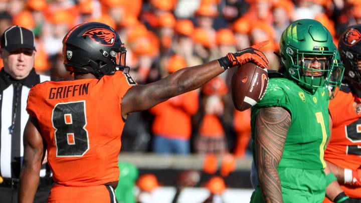 Oregon State running back Jam Griffin (8) reacts to a first down during the second quarter against Oregon at Reser Stadium in Corvallis, Ore. on Saturday, Nov. 26, 2022.

Ncaa Football Oregon Vs Oregon State 1938