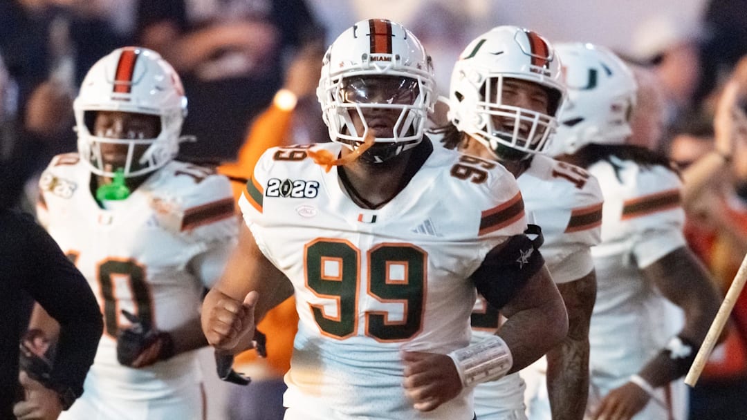 Jan 19, 2026; Miami Gardens, FL, USA; Miami Hurricanes defensive lineman Ahmad Moten Sr. (99) against the Indiana Hoosiers during the College Football Playoff National Championship game at Hard Rock Stadium. Mandatory Credit: Mark J. Rebilas-Imagn Images