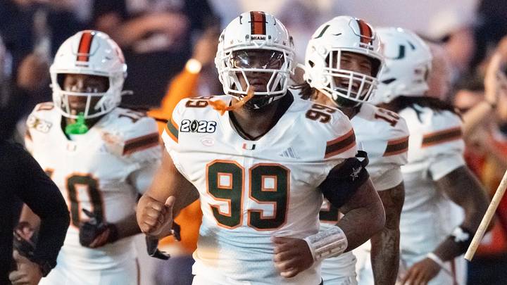 Jan 19, 2026; Miami Gardens, FL, USA; Miami Hurricanes defensive lineman Ahmad Moten Sr. (99) against the Indiana Hoosiers during the College Football Playoff National Championship game at Hard Rock Stadium. Mandatory Credit: Mark J. Rebilas-Imagn Images