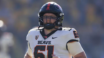 Nov 19, 2022; Tempe, Arizona, USA; Oregon State Beavers offensive lineman Tanner Miller (61) against the Arizona State Sun Devils at Sun Devil Stadium. Mandatory Credit: Mark J. Rebilas-USA TODAY Sports