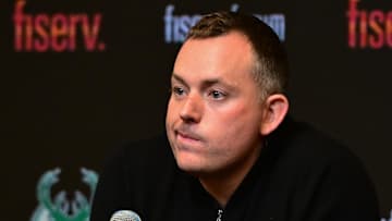 Milwaukee Bucks general manager Jon Horst addresses the media after head coach Adrian Griffin (not pictured) was dismissed at Fiserv Forum on January 24, 2024.