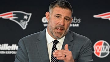 Mike Vrabel addresses the media at a press conference at Gillette Stadium to announce his hiring as the New England Patriots head coach.