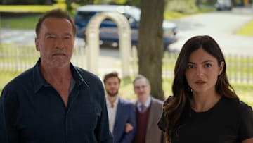 Fubar. (L to R) Arnold Schwarzenegger as Luke Brunner, Guy Burnet as Theodore Chips, Scott Thompson as Dr. Pfieffer, Monica Barbaro as Emma Brunner in episode 204 of Fubar. Cr. Courtesy of Netflix © 2025