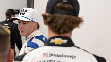 Oct 30, 2025; Avondale, Arizona, USA; NASCAR Xfinity Series drivers Connor Zilisch and Jesse Love during Championship 4 media day at Phoenix Raceway.