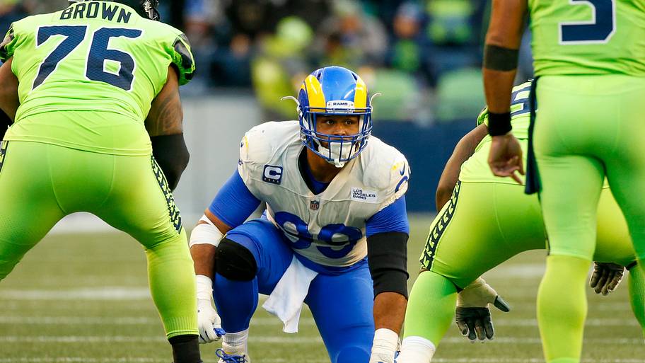 Los Angeles Rams defensive end Aaron Donald (99) waits for a snap against the Seattle Seahawks during a game in 2021.