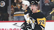 Mar 1, 2025; Pittsburgh, Pennsylvania, USA;  Pittsburgh Penguins left wing Anthony Beauvillier (72) reacts after scoring a short-handed goal against the Boston Bruins during the third period at PPG Paints Arena. Mandatory Credit: Charles LeClaire-Imagn Images