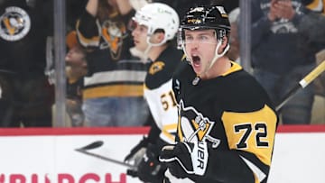 Mar 1, 2025; Pittsburgh, Pennsylvania, USA;  Pittsburgh Penguins left wing Anthony Beauvillier (72) reacts after scoring a short-handed goal against the Boston Bruins during the third period at PPG Paints Arena. Mandatory Credit: Charles LeClaire-Imagn Images
