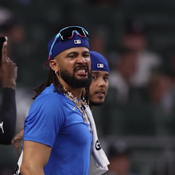 Jul 14, 2025; Atlanta, GA, USA; National League outfielder Fernando Tatis Jr. (23) of the San Diego Padres reacts during the 2025 Home Run Derby at Truist Park. Mandatory Credit: Brett Davis-Imagn Images